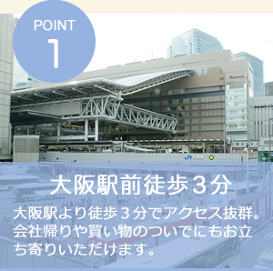POINT1 大阪駅前徒歩３分 大阪駅より徒歩３分でアクセス抜群。会社帰りや買い物のついでにもお立ち寄りいただけます。